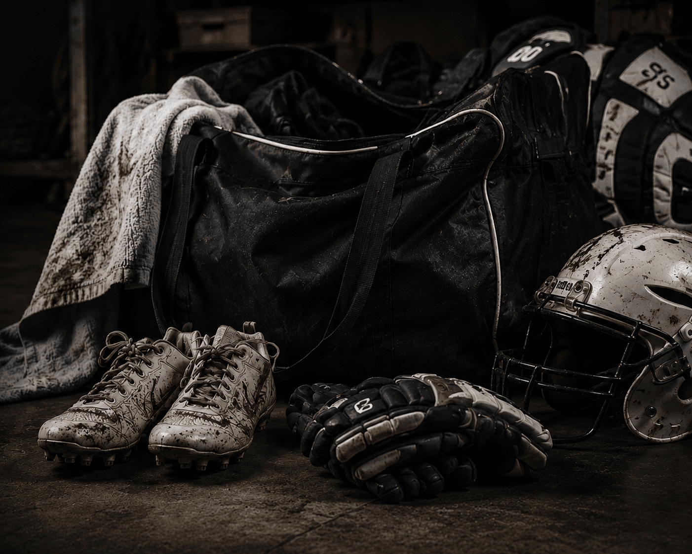 A bag of sports gear after practice — cleats, gloves, a helmet, and a duffel
